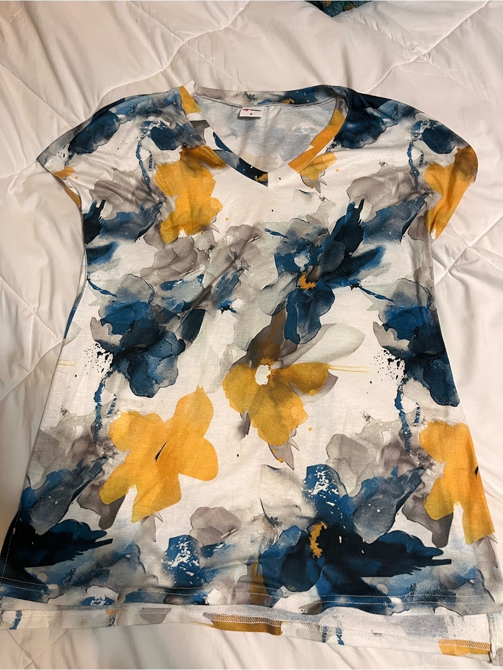 Women’s Floral Watercolor V-Neck Women’s Top in Mustard, Navy & Gray